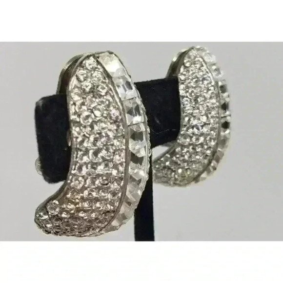 Vintage Earrings Art Deco Chunky Rhinestone Clip Statement Barbie Wedding 70s - Picture 3 of 10